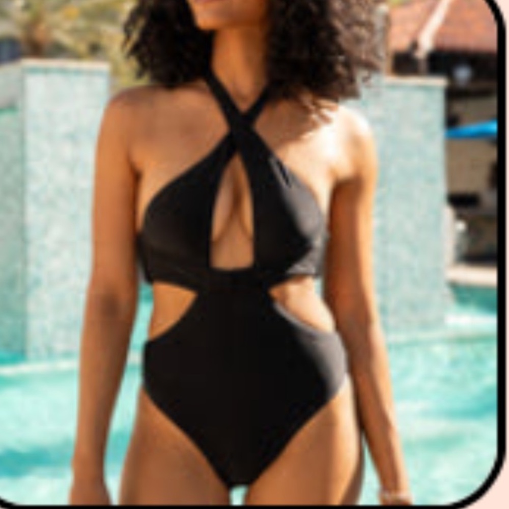 Pink Lily Black Halter One Piece Swimsuit-NEVER WORN